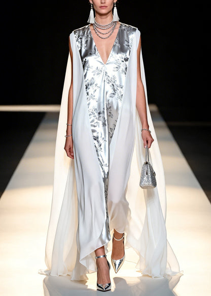 Italian White Oversized Patchwork Chiffon Maxi Dresses Sleeveless
