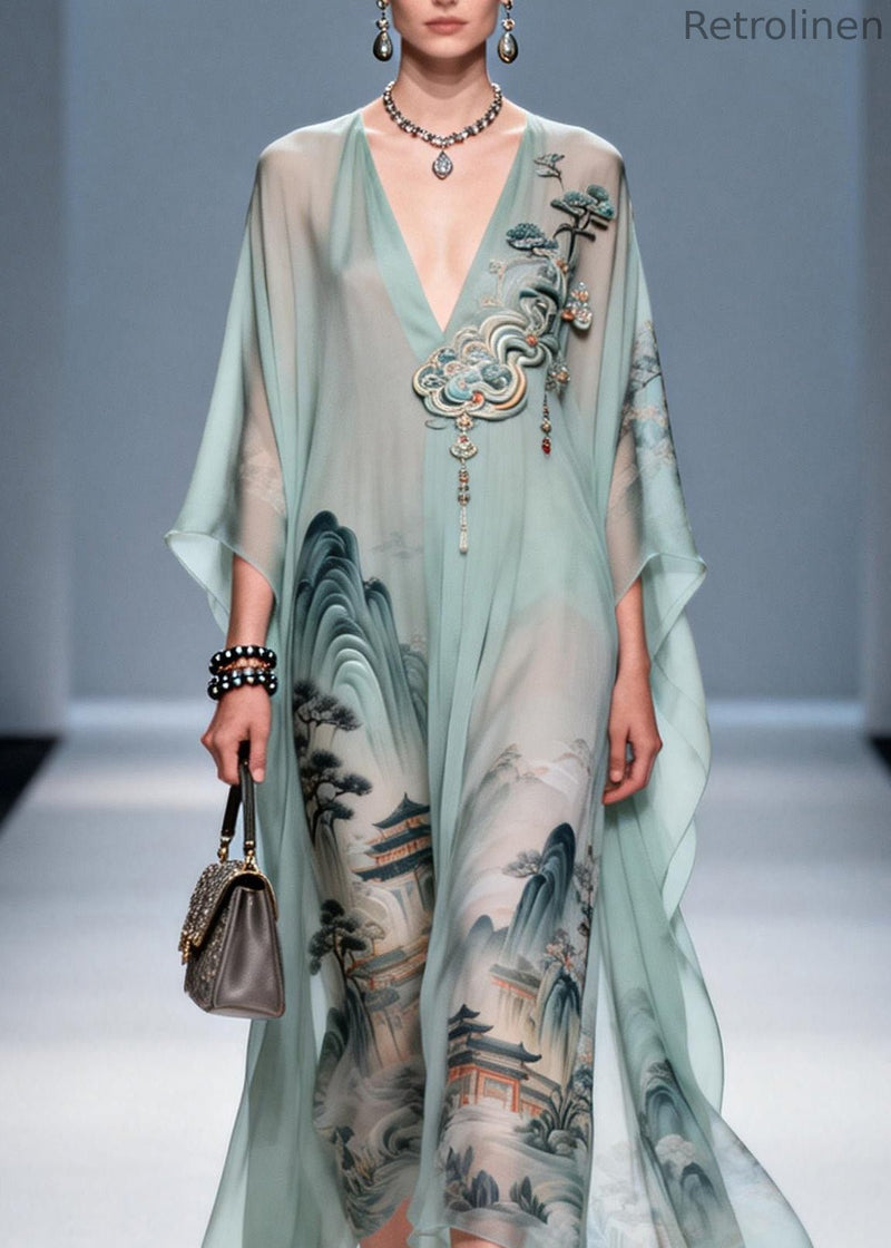 Original Design V Neck Print Chiffon Maxi Dress Summer