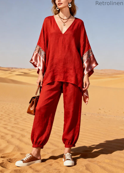 Red Oversized Patchwork Linen Silk Two Piece Suit Set Spring
