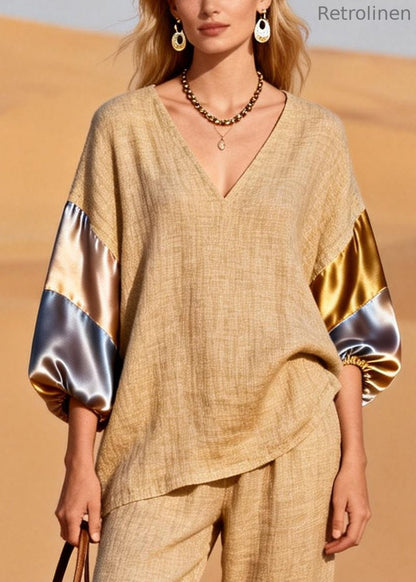 Khaki Oversized Patchwork Linen Two Pieces Set Spring