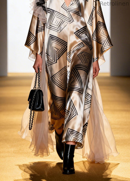 Boutique V Neck Ruffled Patchwork Print Silk Dress Spring