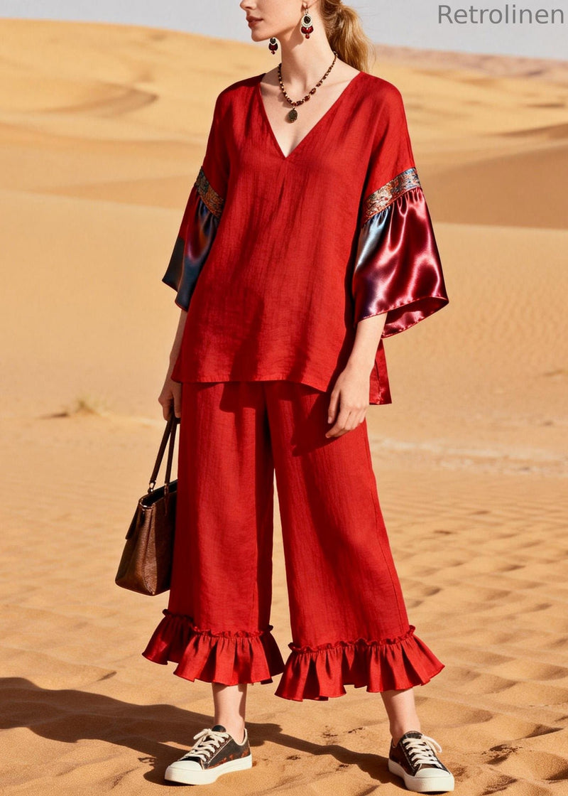 Unique Red Ruffled Patchwork Linen Silk Two Piece Set Outfits Summer