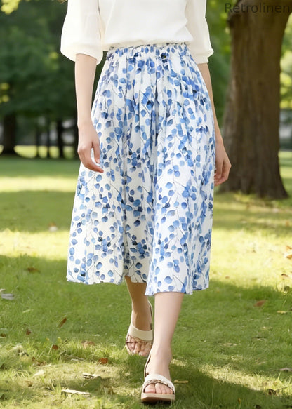 Art Blue Print Elastic Waist Cotton Skirts Summer