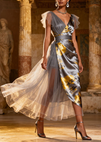 Grey V Neck Tulle Patchwork Silk Long Dress Summer