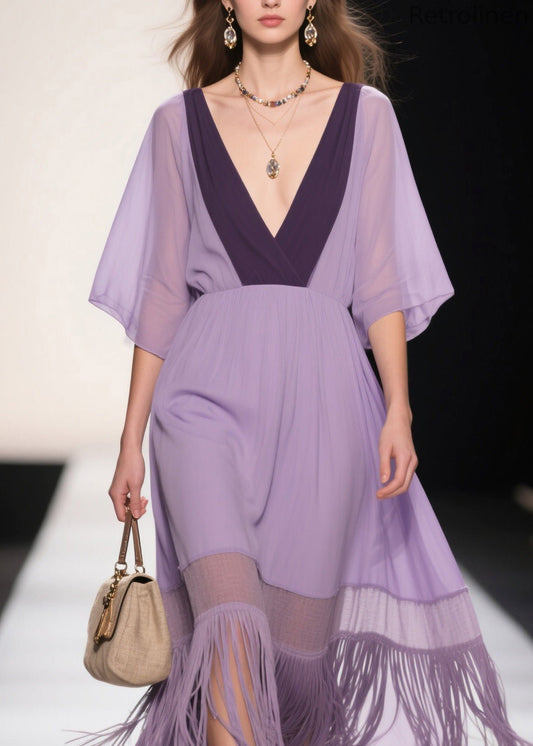 Purple V Neck Tassel Patchwork Cotton Dress Summer