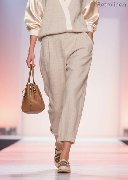 Unique V Neck Top and Pants Patchwork Linen Silk Two Pieces Set Spring