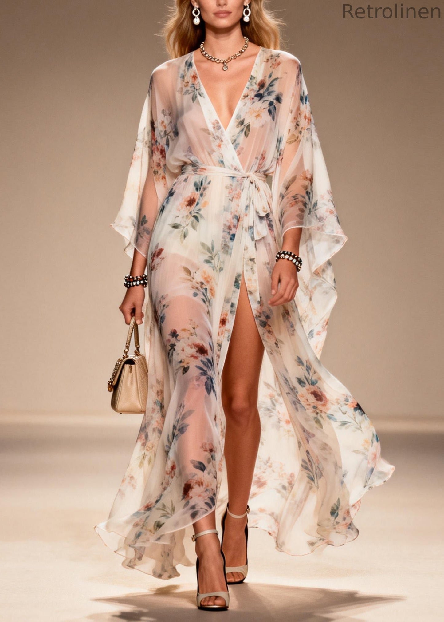 Print Side Open Lace Up Chiffon Dresses Summer