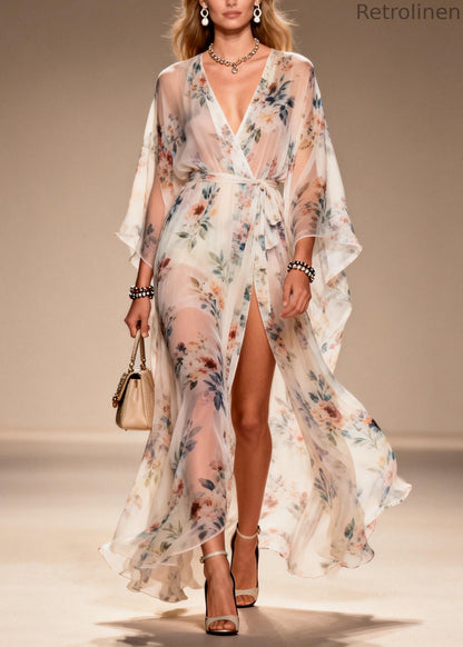 Print Side Open Lace Up Chiffon Dresses Summer