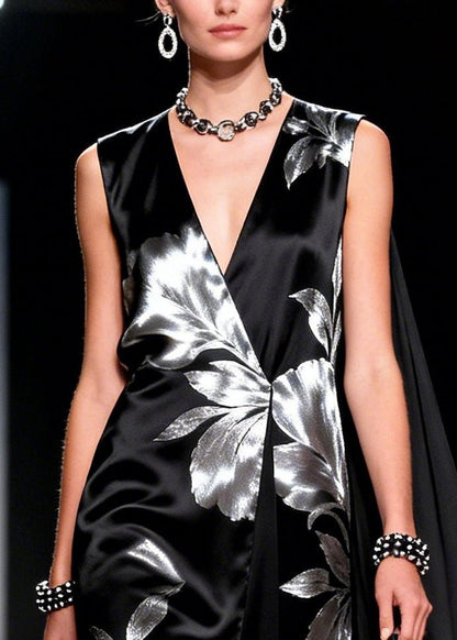 Black Jacquard Patchwork Shawl Silk Party Dress Summer