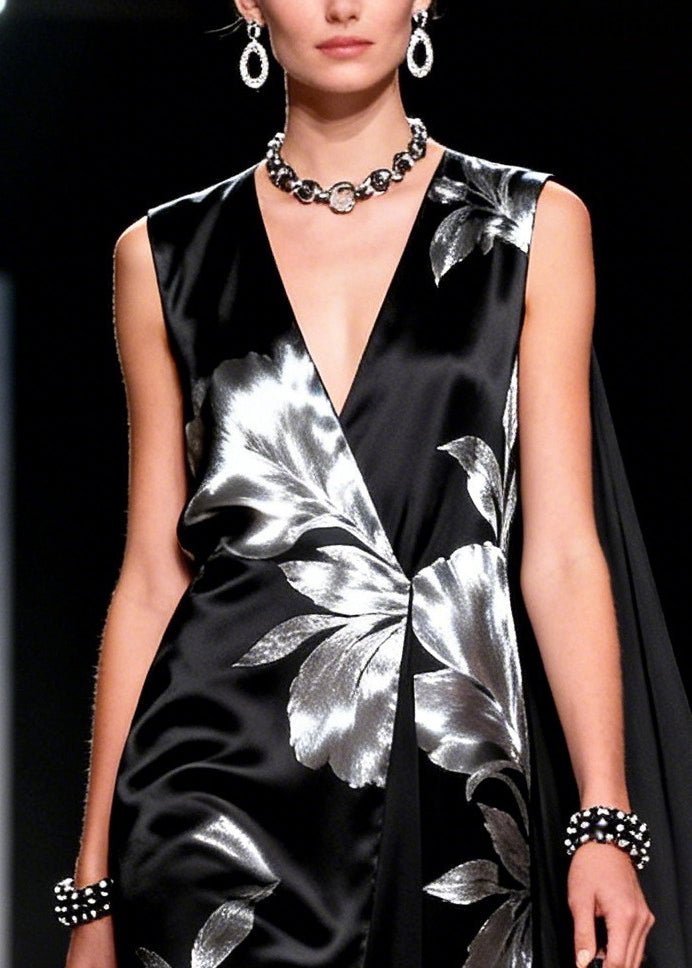 Black Jacquard Patchwork Shawl Silk Party Dress Summer