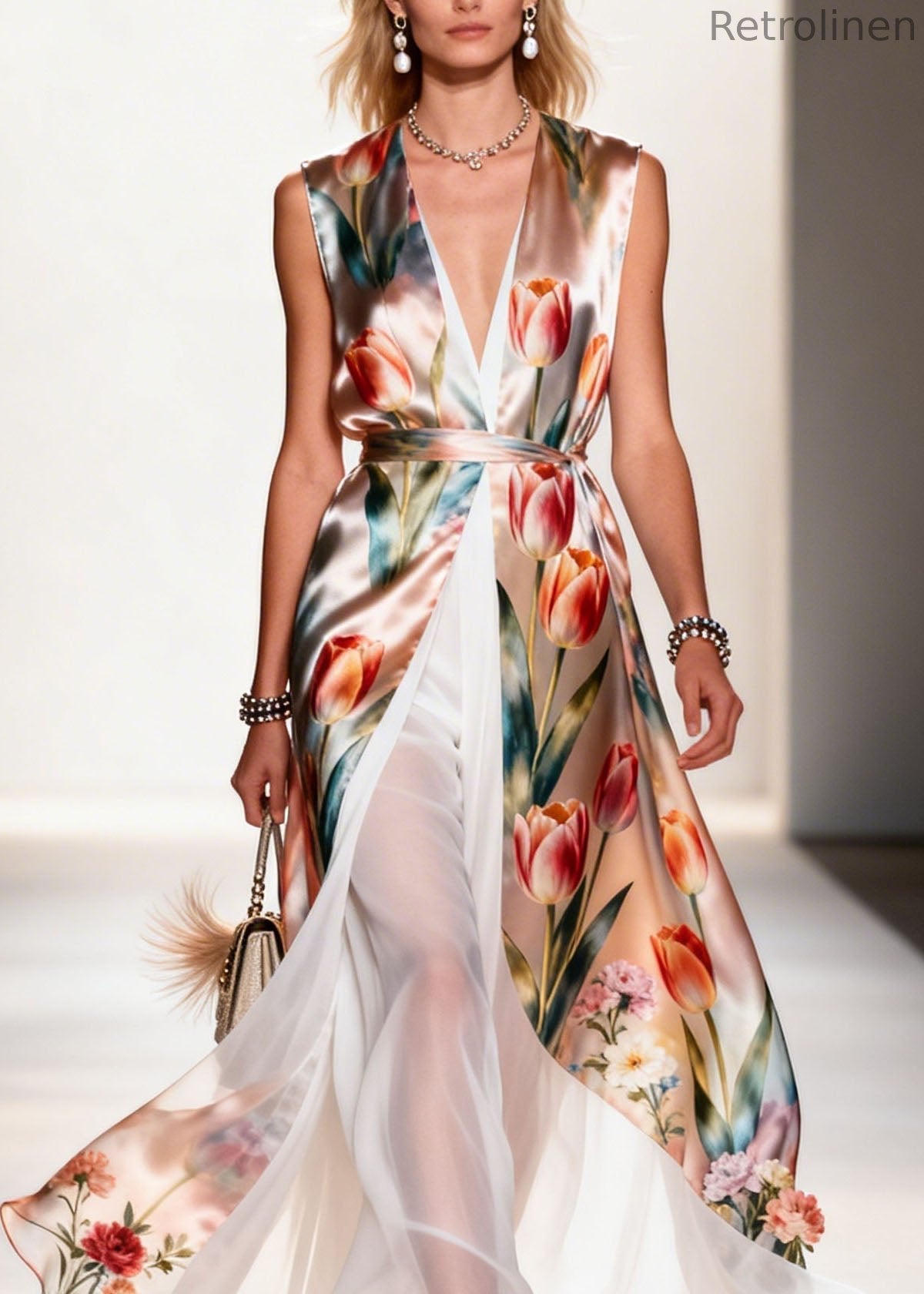V Neck Print Patchwork False Two Pieces Chiffon Dress Summer