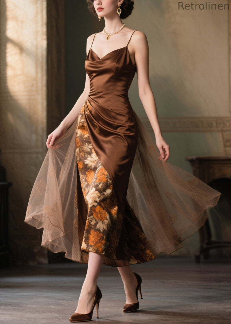 Boutique Chocolate Print Patchwork Tulle Cami Dress Summer