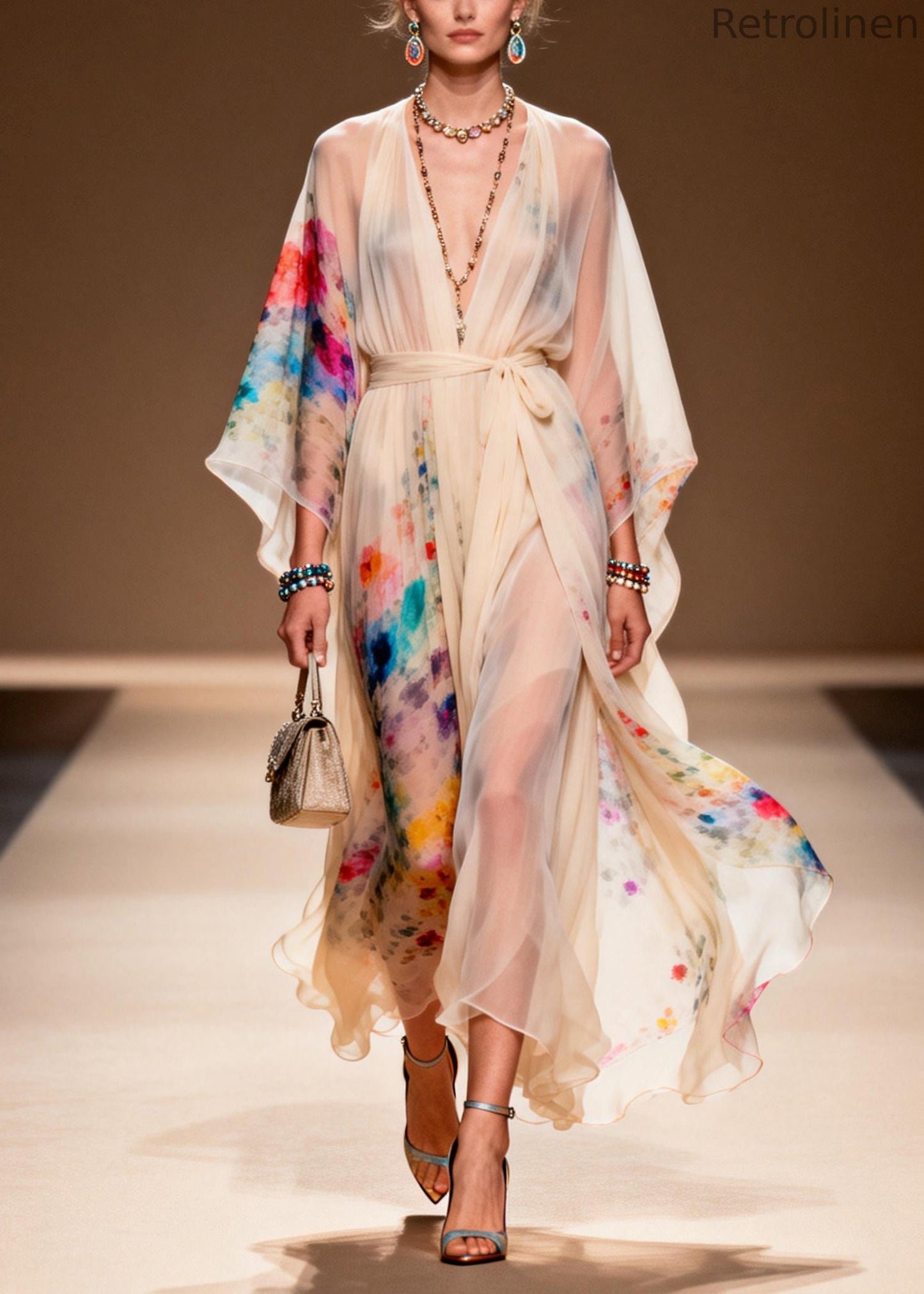 Apricot Tie Waist Print Chiffon Ankle Dress Summer
