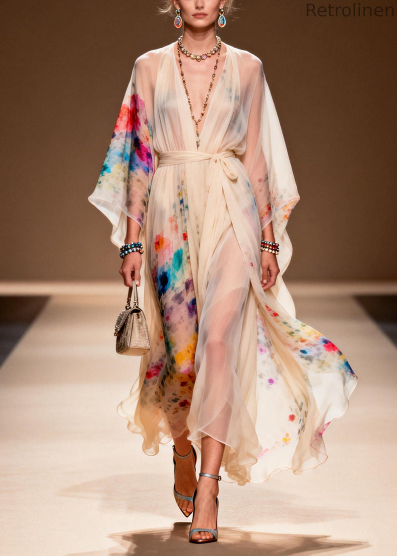 Apricot Tie Waist Print Chiffon Ankle Dress Summer
