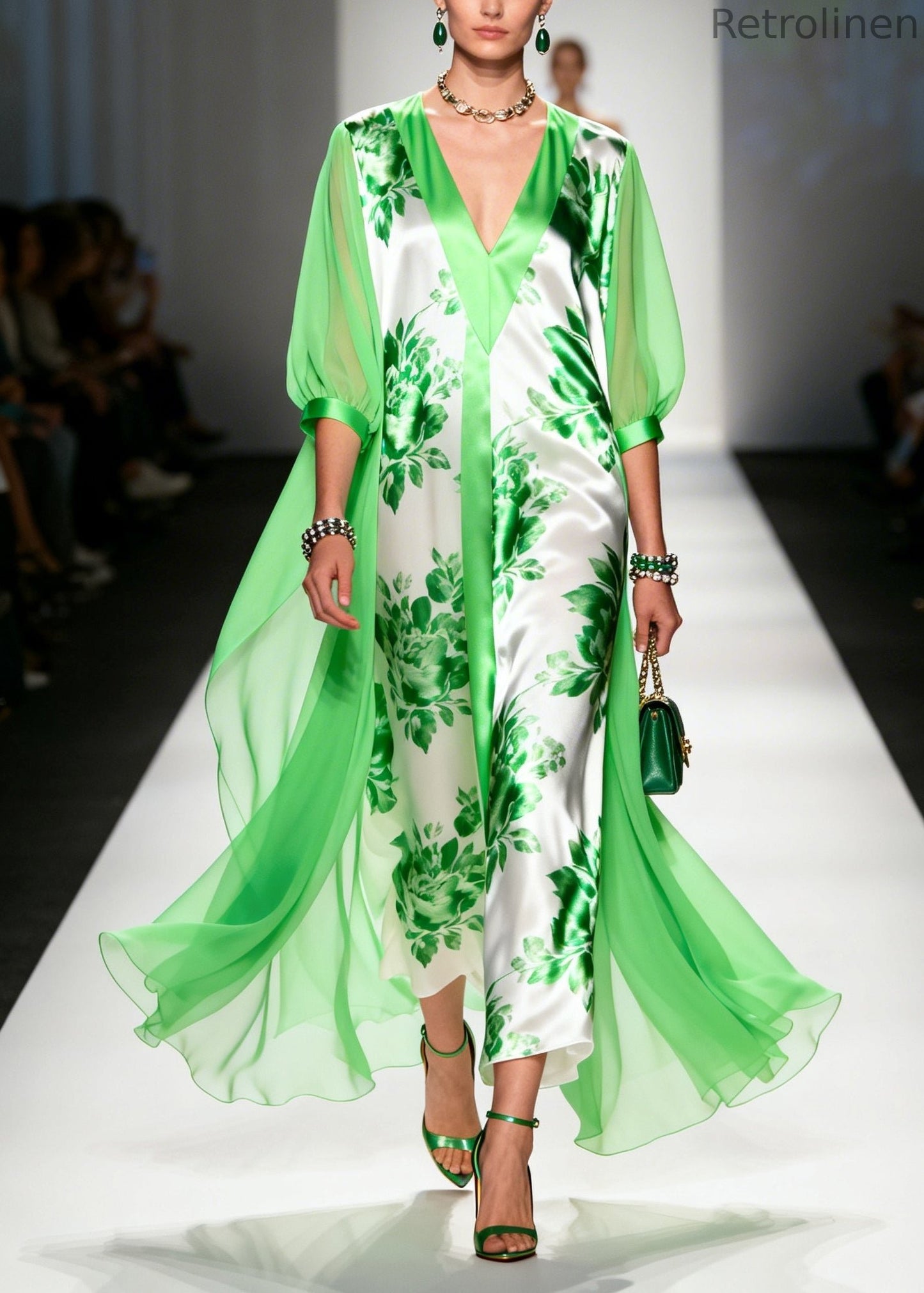 Light Green V Neck Print Chiffon Ankle Dress Summer