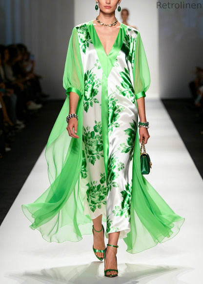 Light Green V Neck Print Chiffon Ankle Dress Summer