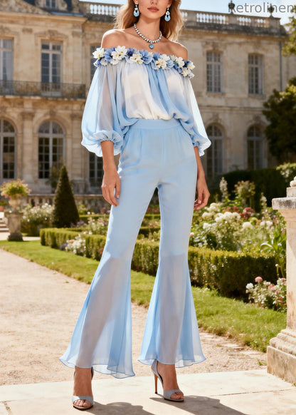 Fine Blue Slash Neck Silk Shirts and Flared Trousers Two Pieces Set Lantern Sleeve
