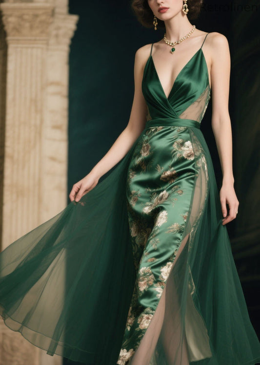 Italian Green V Neck Print Patchwork Silk Spaghetti Strap Dress Summer