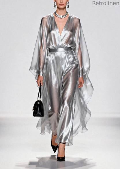 Silvery Tunic Draping Chiffon Long Dress Summer
