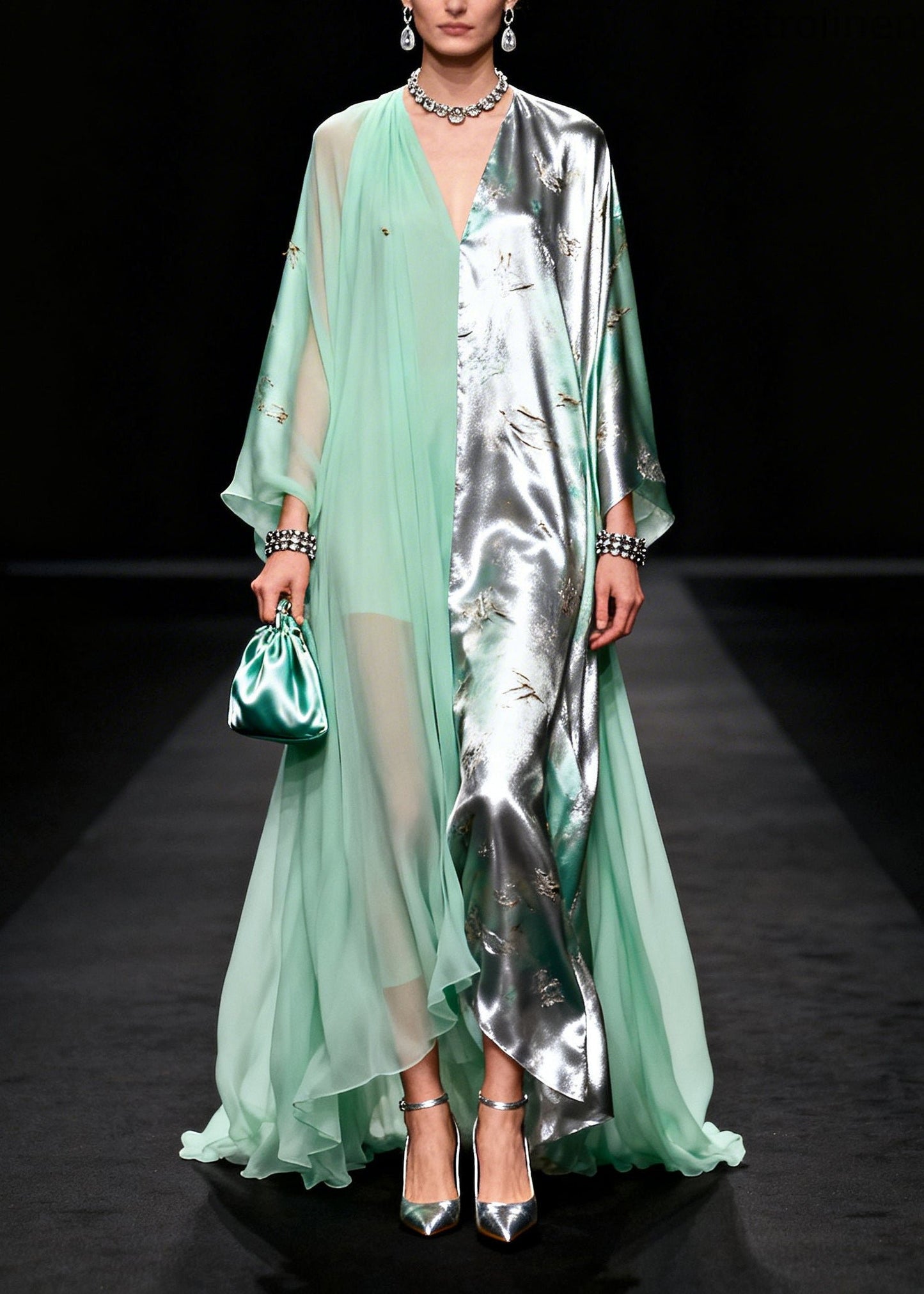 Organic Green Asymmetrical Patchwork Exra Large Hem Chiffon Party Dress Summer