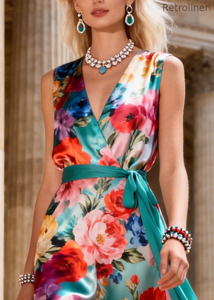 Colorful Flowers Patchwork Side Open Chiffon Long Dress Summer
