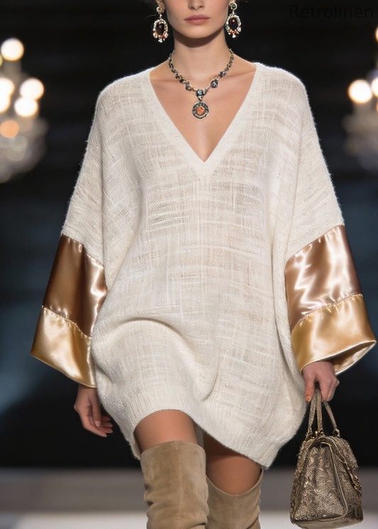 V Neck Silk Patchwork Linen Mid Dress Spring