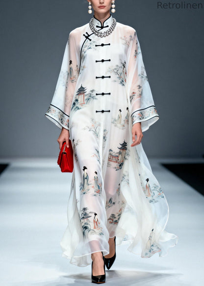 Chinese Style White Print Draping Chiffon Long Dress Summer