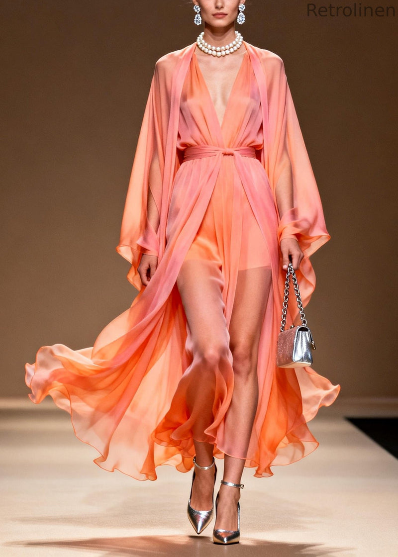 Orange V Neck Draping Chiffon Dress Two Piece Set Summer