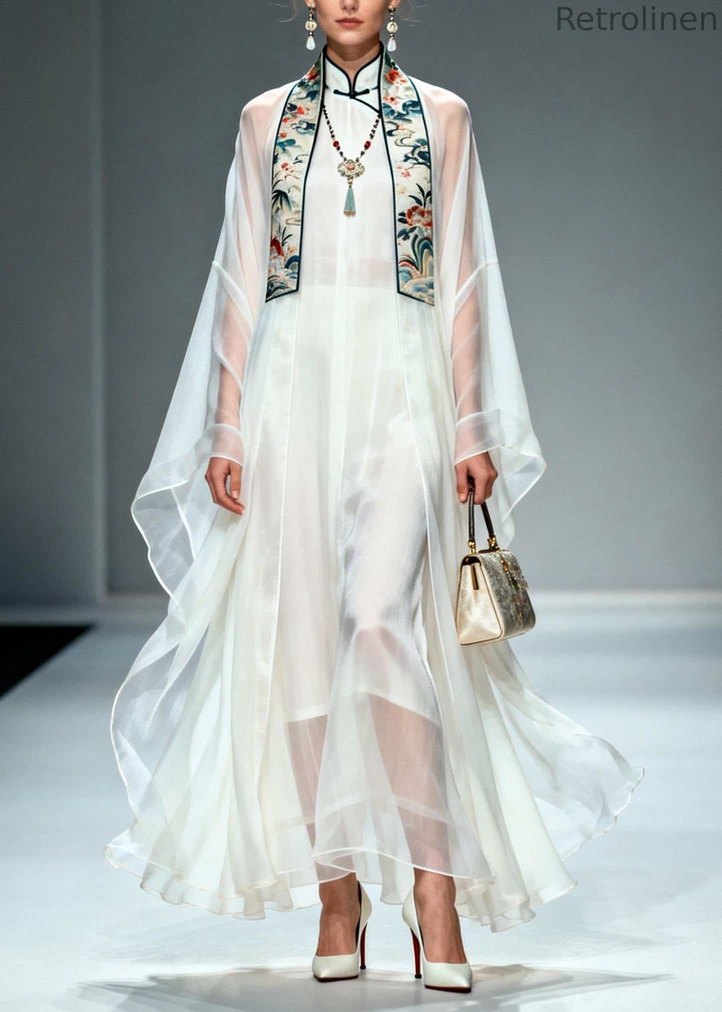 Simple White Stand Collar Patchwork Chiffon Two Piece Set Summer
