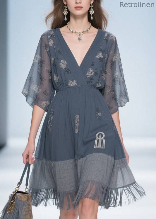 Classy Grey V Neck Tassel Patchwork Cotton Dress Summer