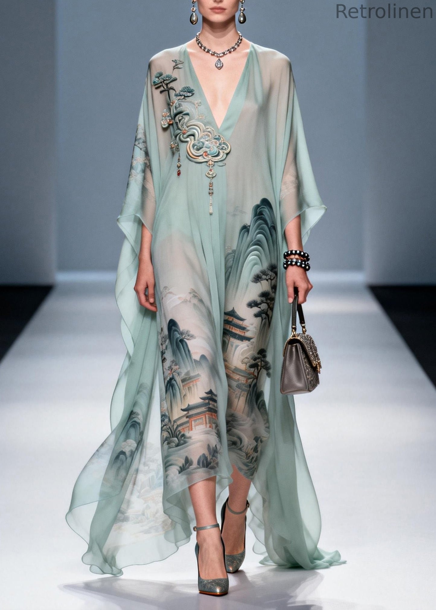 Original Design V Neck Print Chiffon Maxi Dress Summer