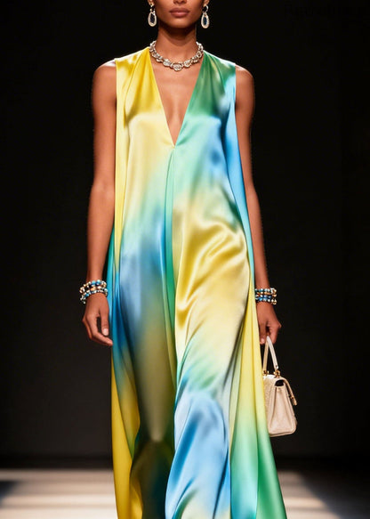 Unique V Neck Tie Dye Silk Long Dress Summer