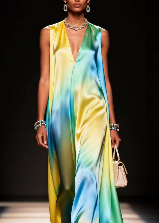 Unique V Neck Tie Dye Silk Long Dress Summer