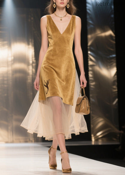 Yellow V Neck Tulle Patchwork Velvet Dresses Sleeveless