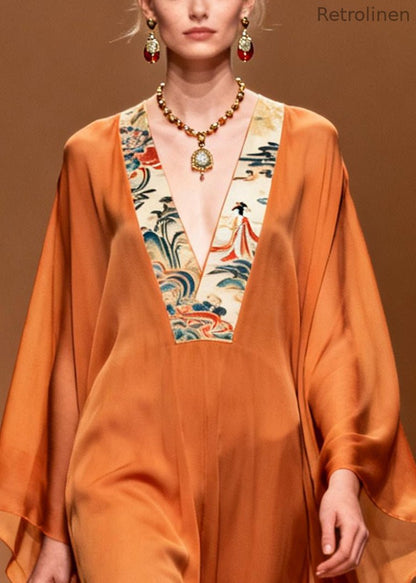 Orange V Neck Patchwork Chiffon Holiday Dresses Summer