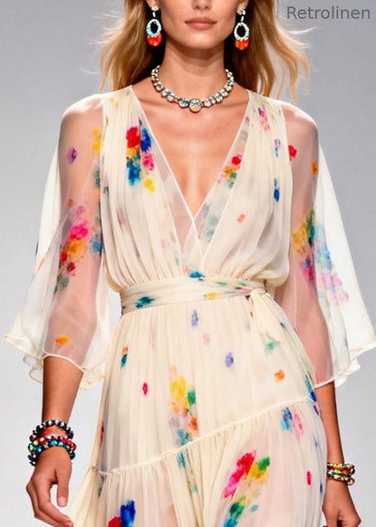 Italian Apricot V Neck Tie Dye Chiffon Party Dresses Summer