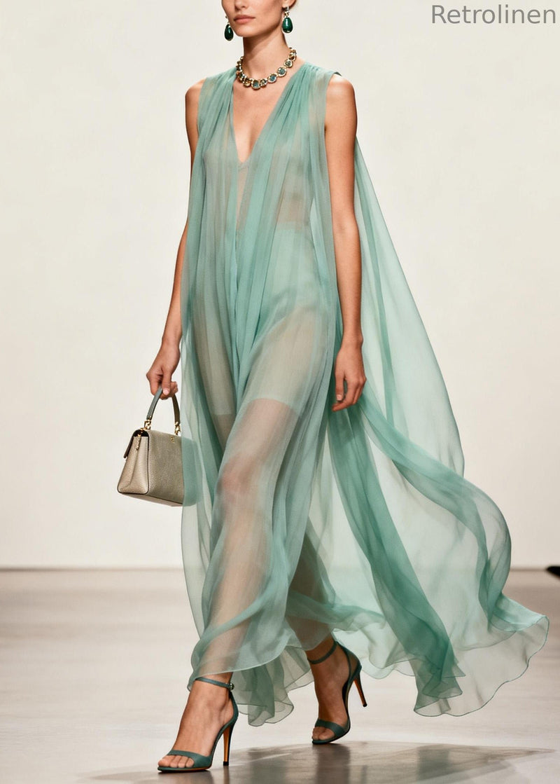 Simple V Neck Wrinkled Chiffon Long Dress Sleeveless