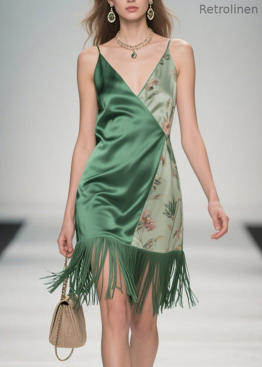 Colorblock Tassel Print Silk Spaghetti Strap Dresses Summer