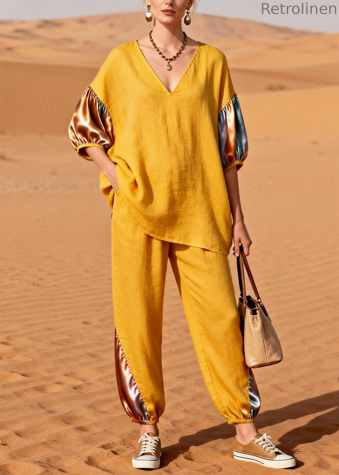 Yellow Patchwork Linen Silk Two Pieces Set Oversized Half Sleeve
