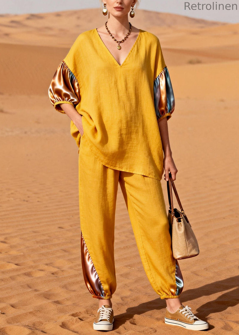 Yellow Patchwork Linen Silk Two Pieces Set Oversized Half Sleeve