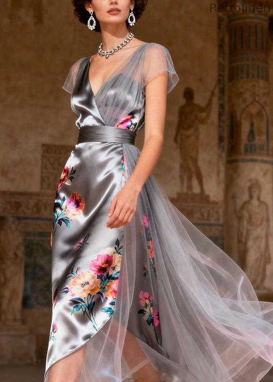 Grey V Neck Print Tulle Patchwork Silk Dress Summer