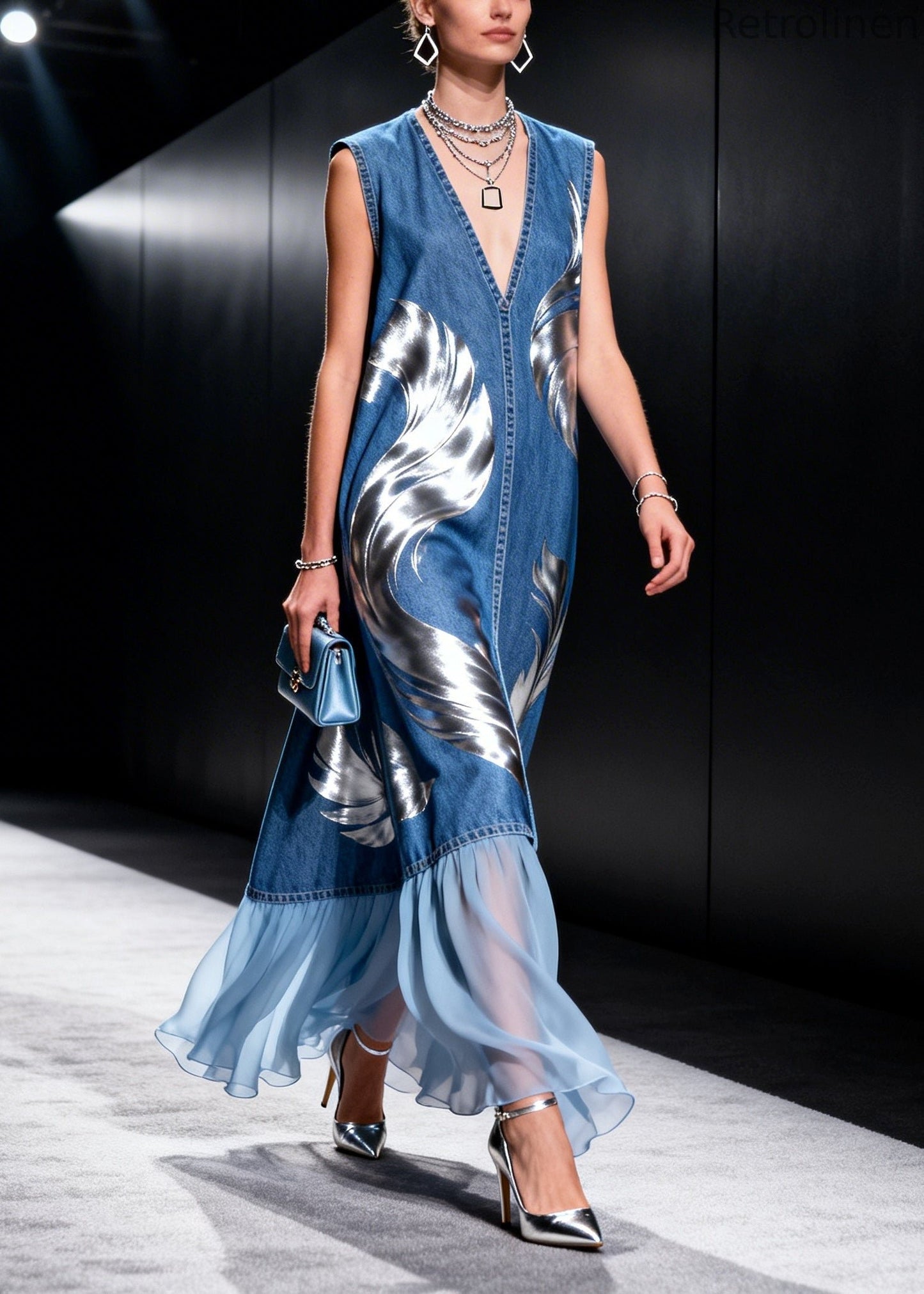 Blue V Neck Patchwork Print Denim Holiday Dresses Sleeveless