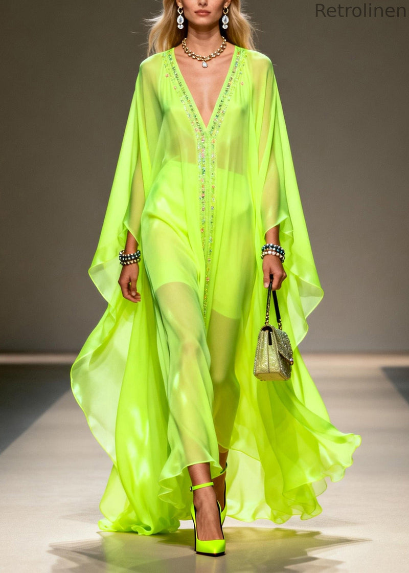 Fluorescent Green V Neck Zircon Chiffon Robe Dresses Summer