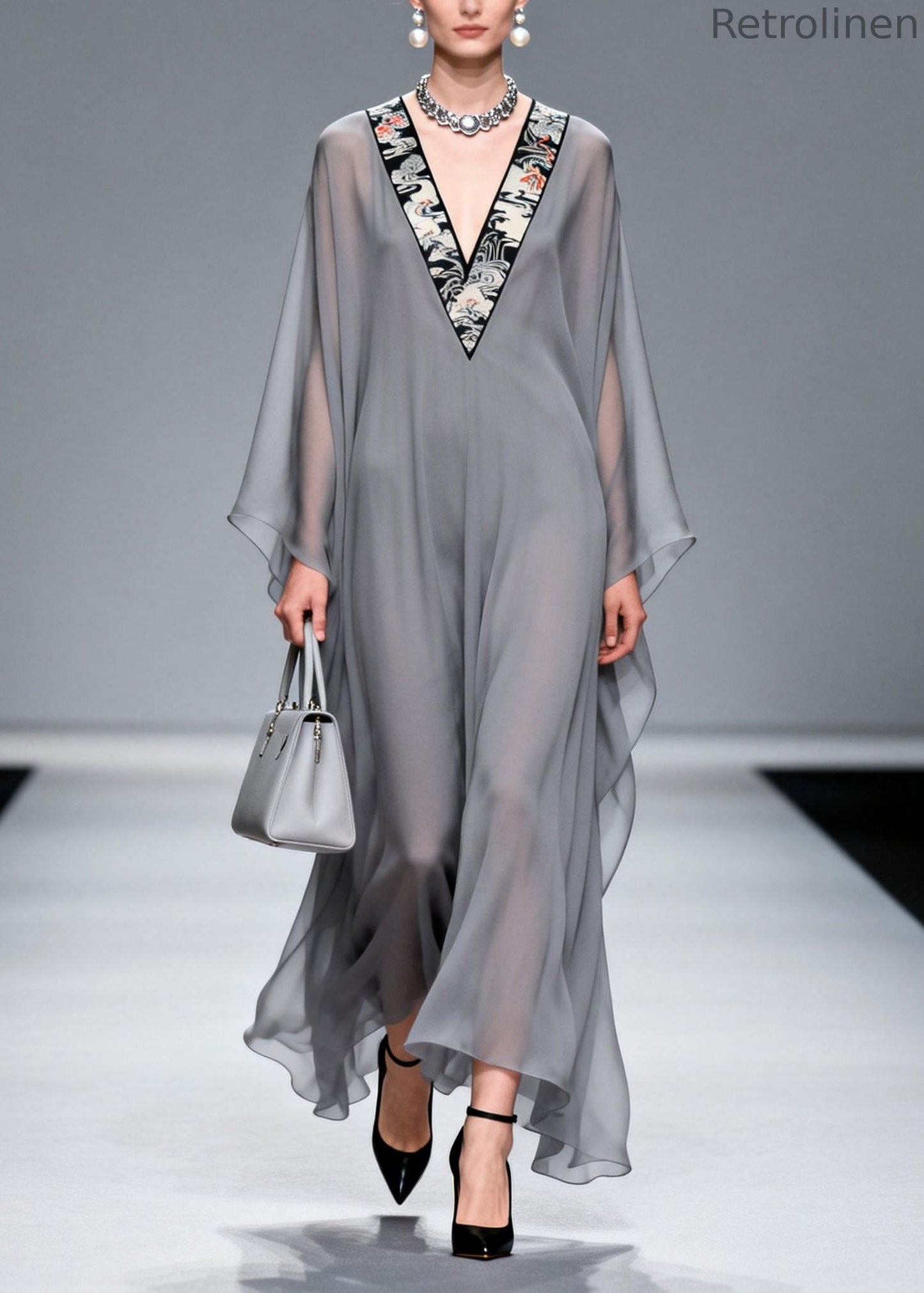 Grey V Neck Patchwork Chiffon Long Dress Spring