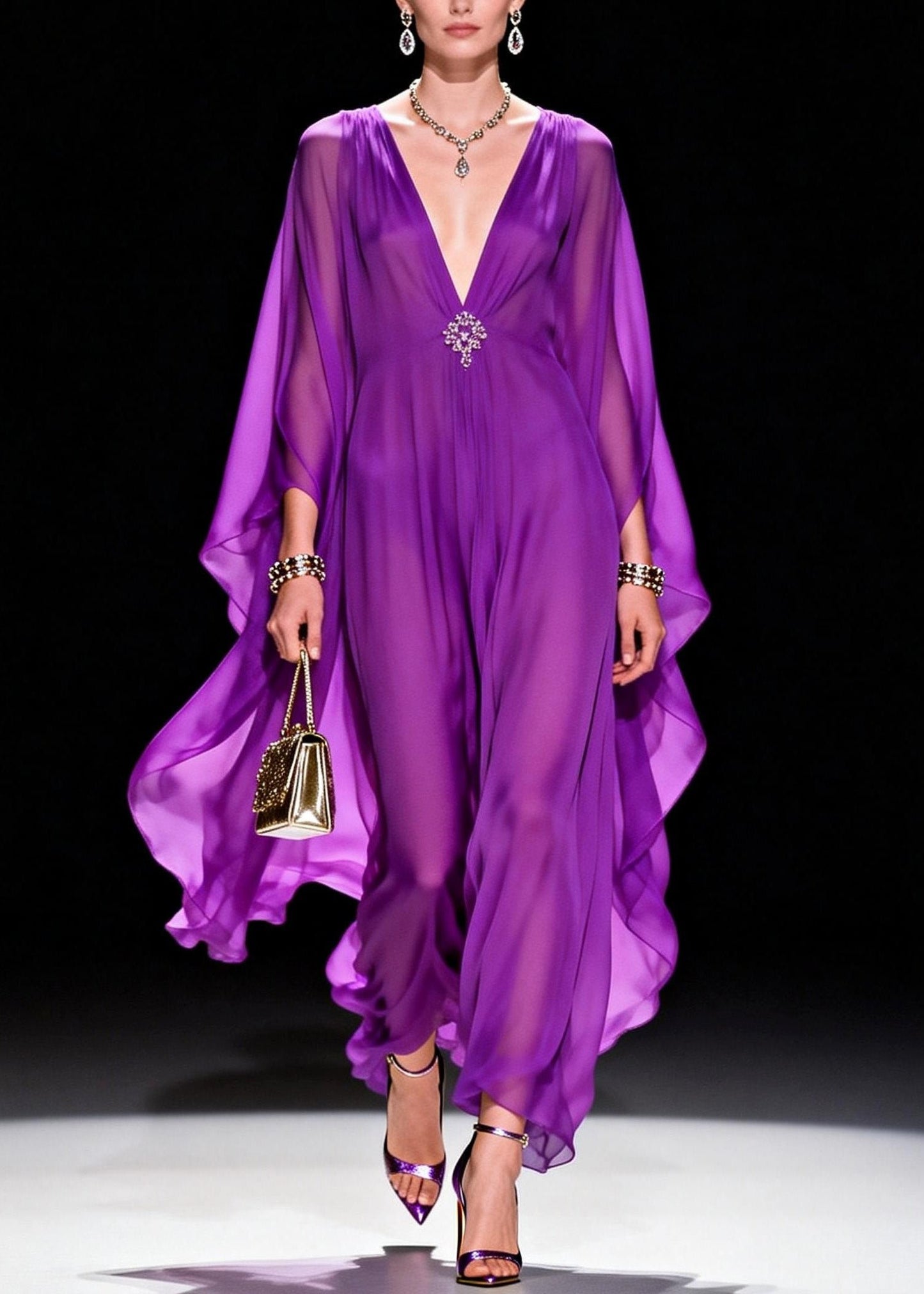 Classy Purple V Neck Chiffon Long Dress Summer