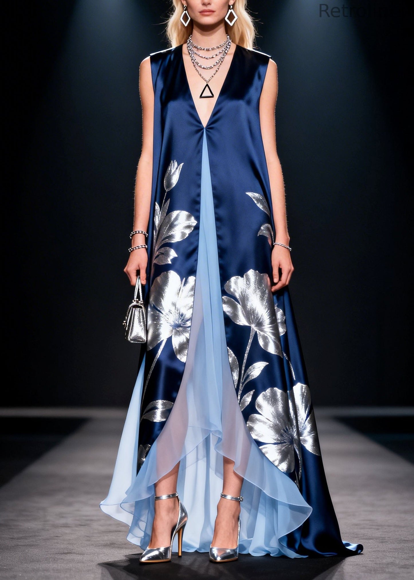V Neck Print Patchwork Silk Long Dress Summer