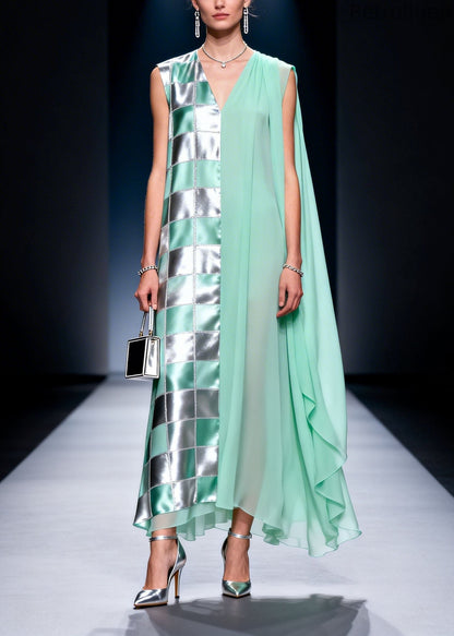 V Neck Plaid Print Chiffon Long Dress Summer