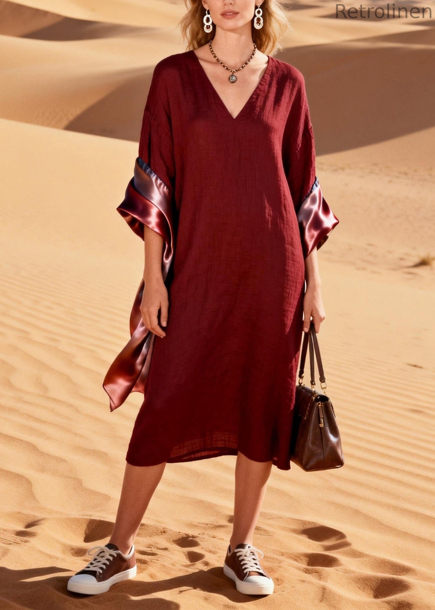 Original Design V Neck Silk Patchwork Linen Dress Summer