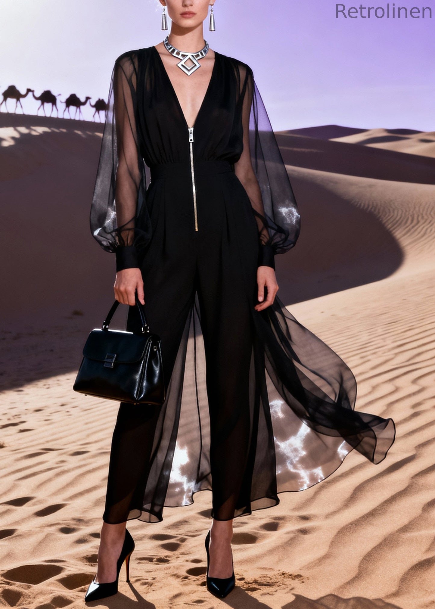 Italian Black V Neck Patchwork Tulle Jumpsuit Lantern Sleeve