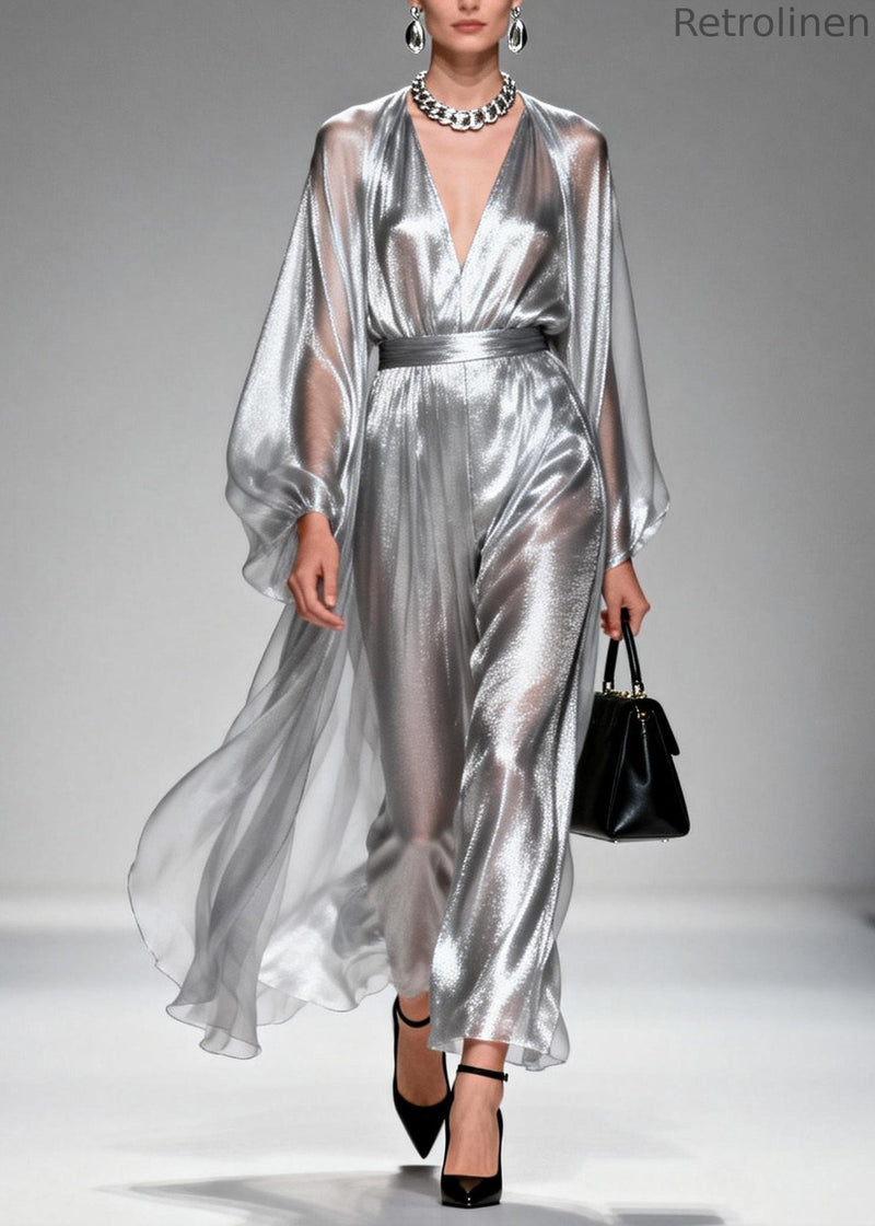 Silver V Neck Silk Long Dresses Spring
